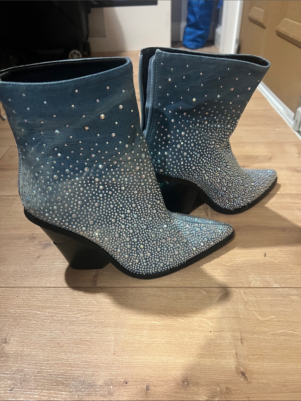 Crystal-Embellished Blue Pointed-Toe Ankle Boots